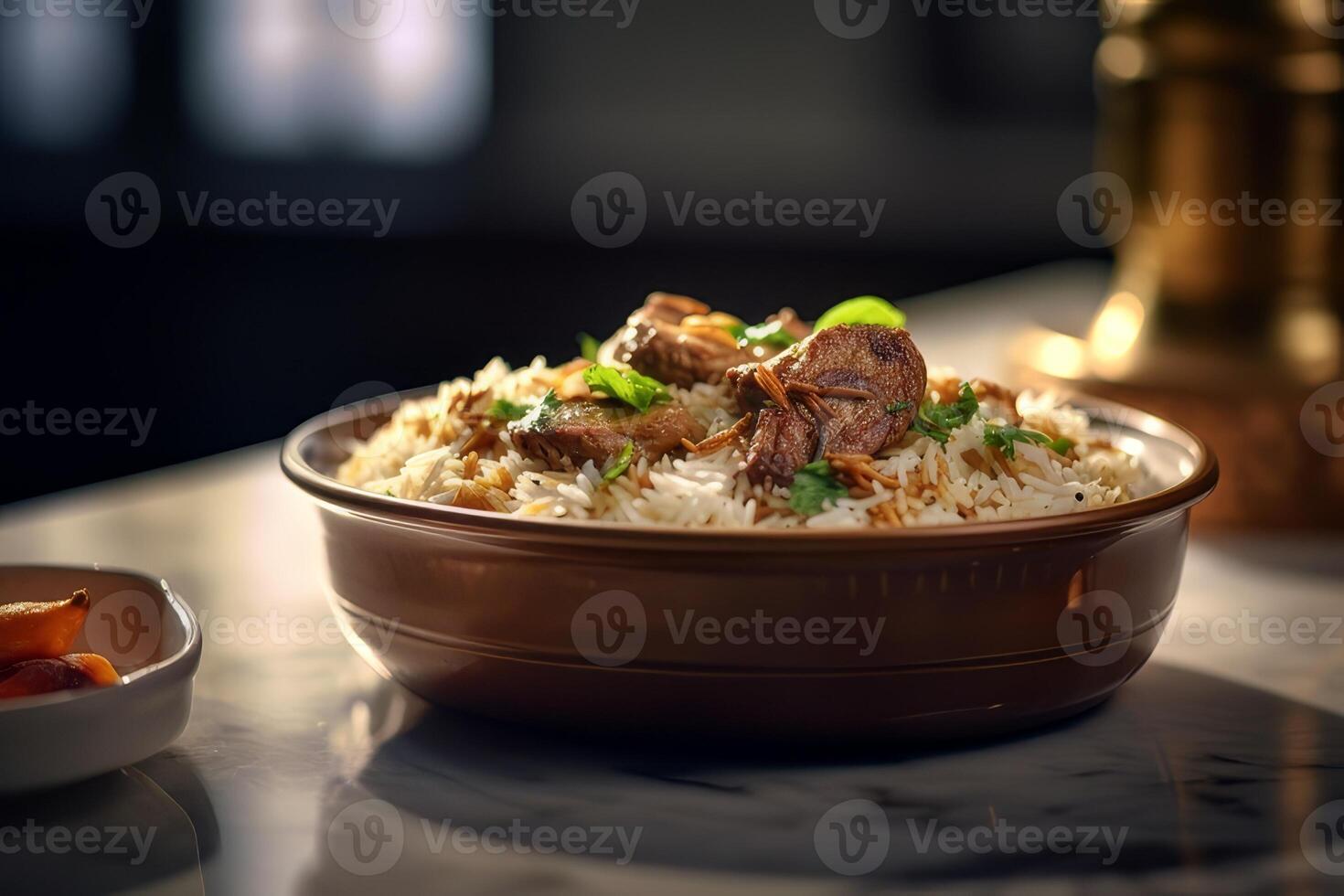 A plate of mandi rice or mandhi on a marble countertop photo