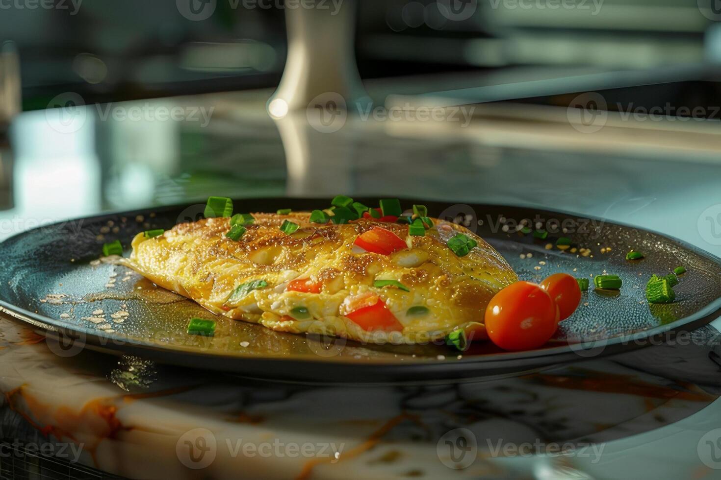 Omelet on a plate on a marble background. photo