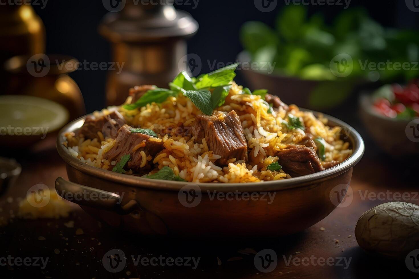 A plate of biryani on a marble countertop photo