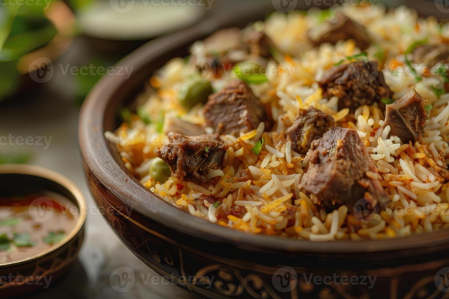 A plate of biryani on a marble countertop photo