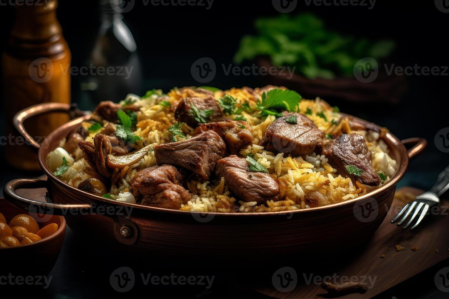 A plate of Kabsa on a marble countertop photo