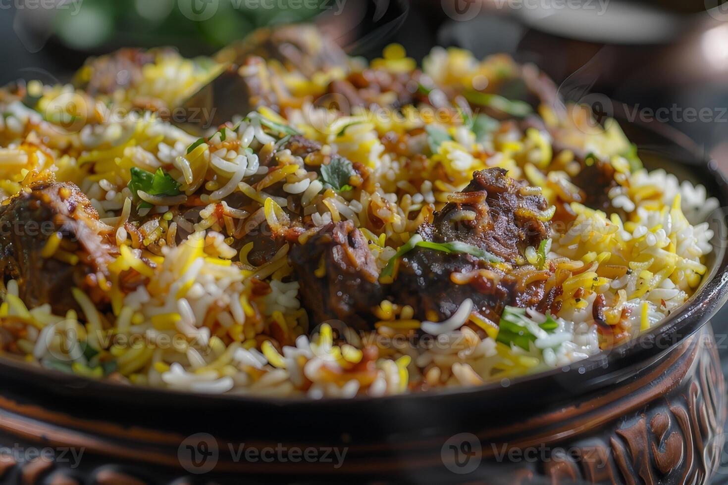 A plate of biryani on a marble countertop photo