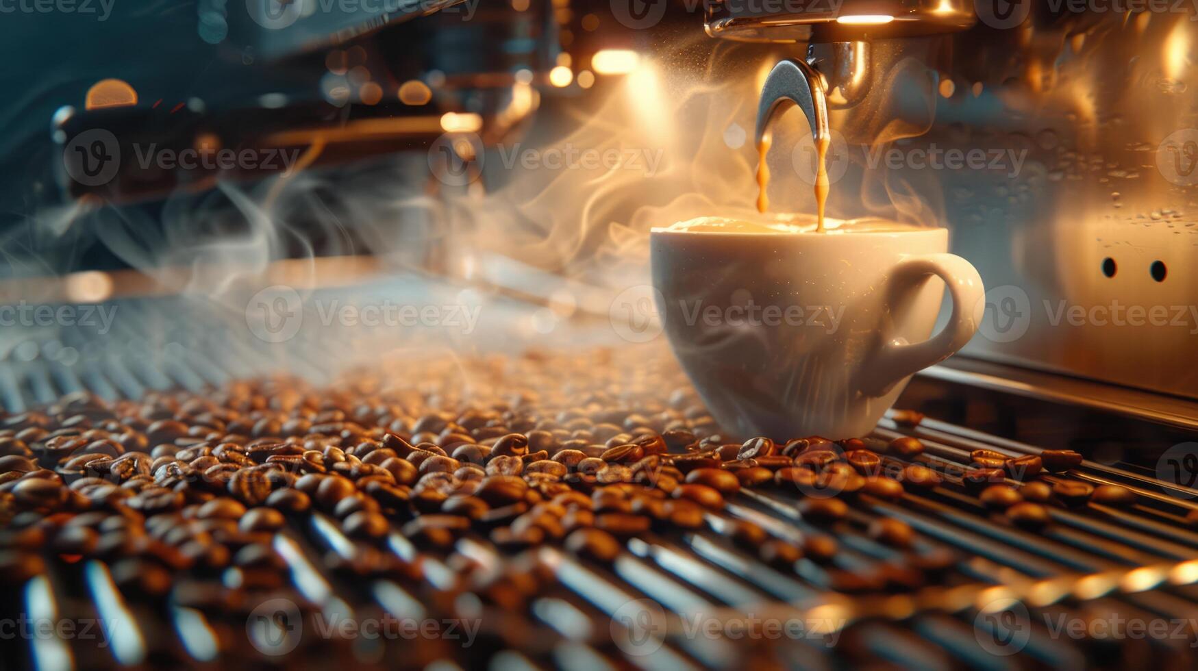 Coffee machine and coffee beans with small cup with steaming coffee, copy space photo