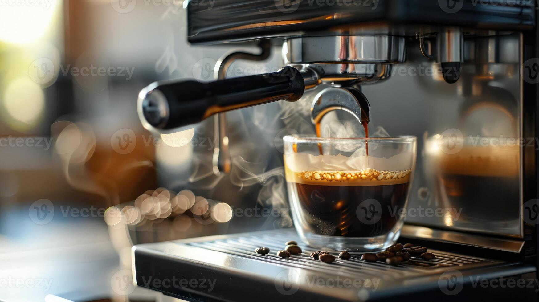 Coffee machine and coffee beans with small cup with steaming coffee, copy space photo