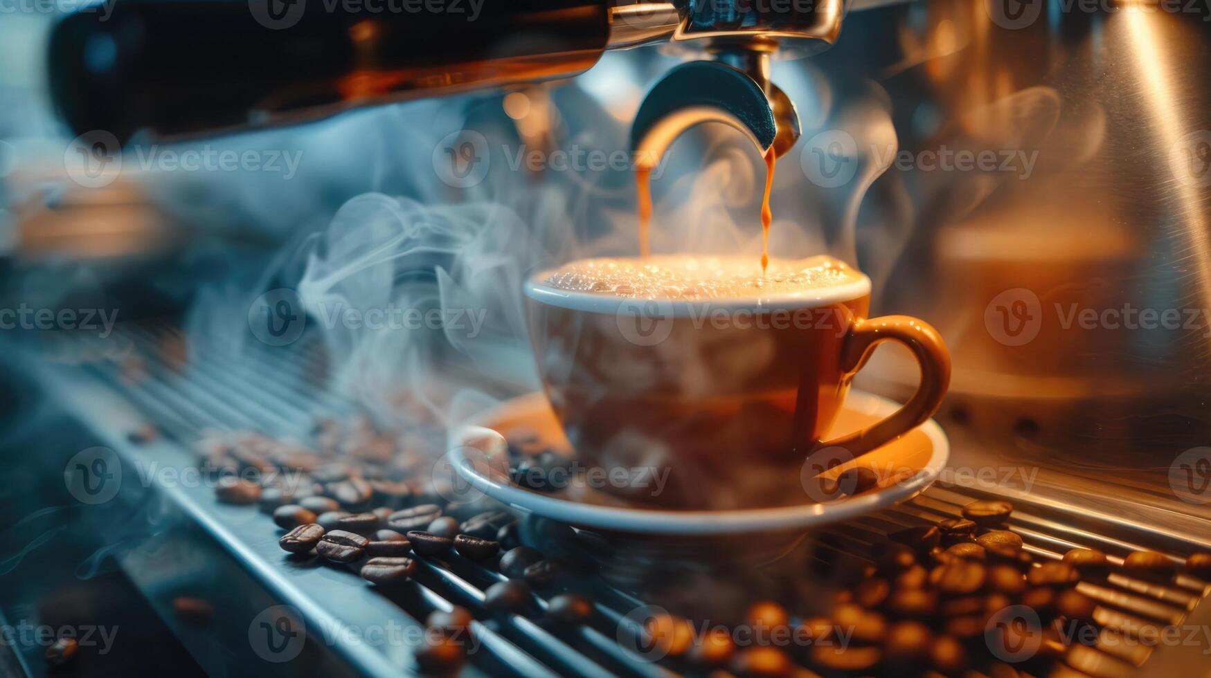 Coffee machine and coffee beans with small cup with steaming coffee, copy space photo