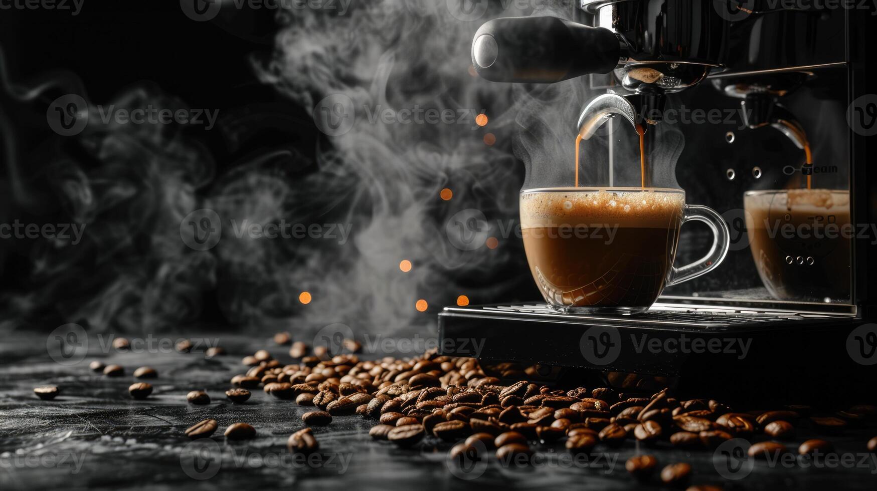 Coffee machine and coffee beans with small cup with steaming coffee, copy space photo