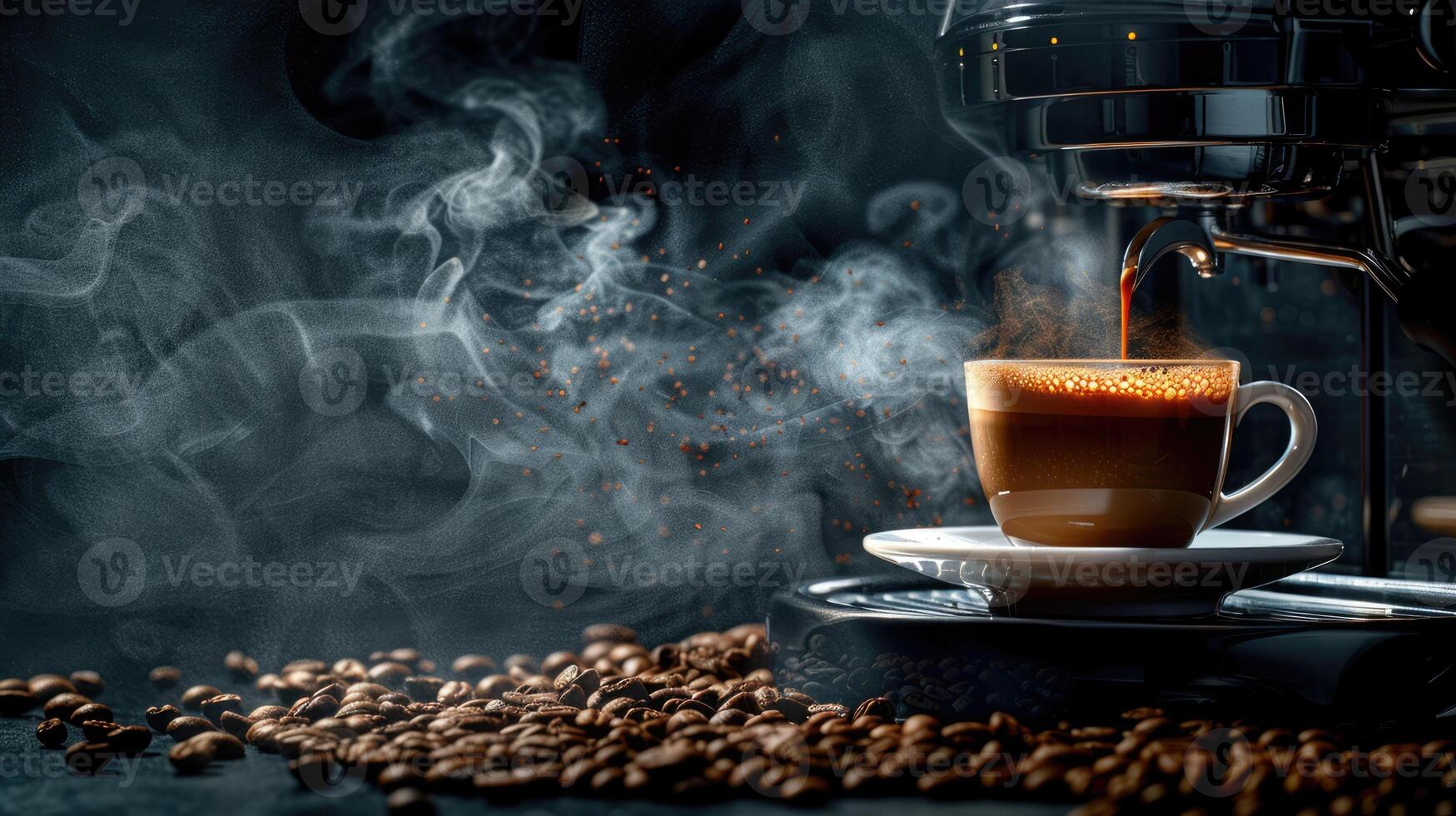 Coffee machine and coffee beans with small cup with steaming coffee, copy space photo