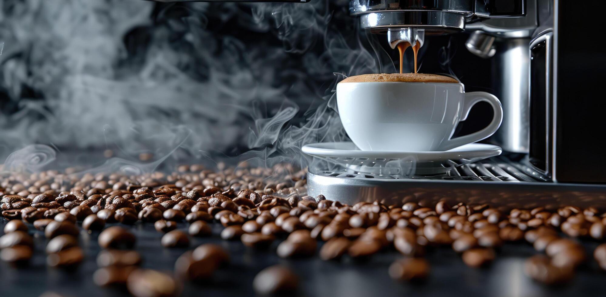 Coffee machine and coffee beans with small cup with steaming coffee, copy space photo