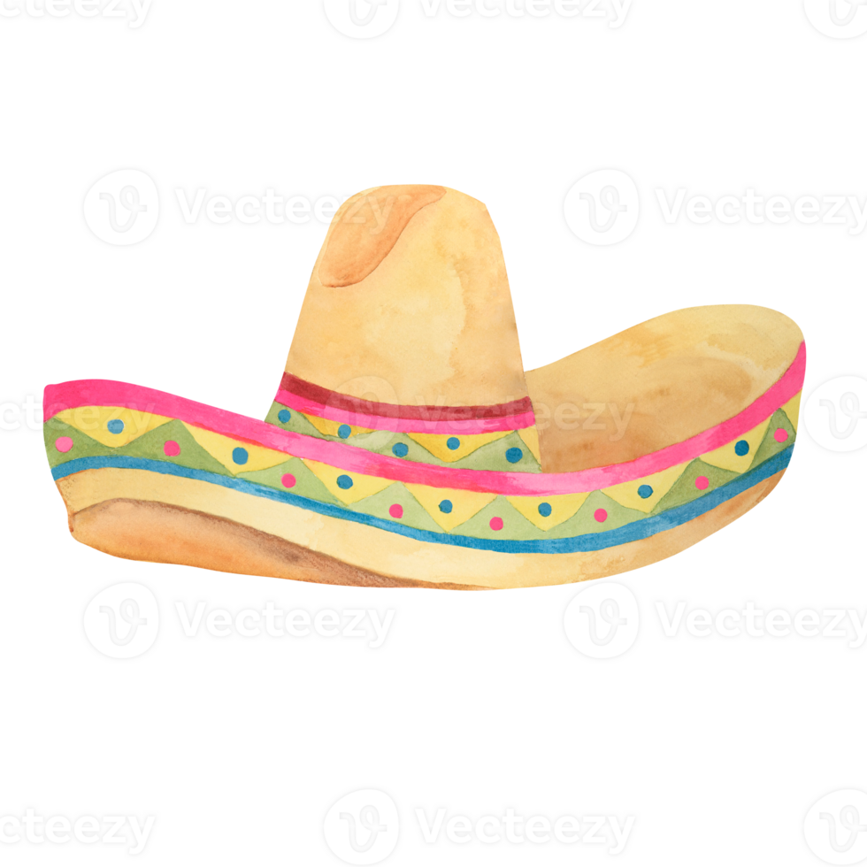 Traditional Mexican sombrero in watercolor. Colorful and bright ethnic straw hat with border. Aquarelle clipart iDesign for printing, postcards, Cinco de Mayo, tourism png