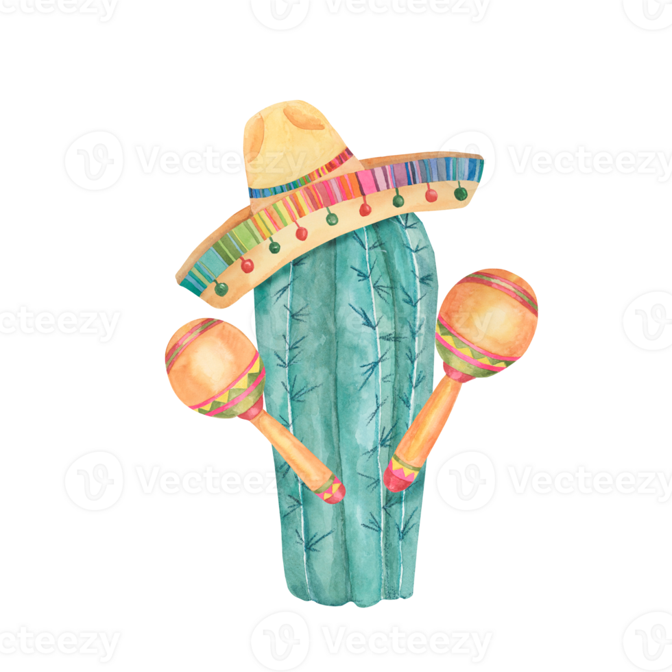 Cactus in sombrero with maracas. Watercolor illustration of succulent in straw hat with music instruments for Cinco de Mayo holiday Clipart for printing, packaging, postcards for festive occasion png