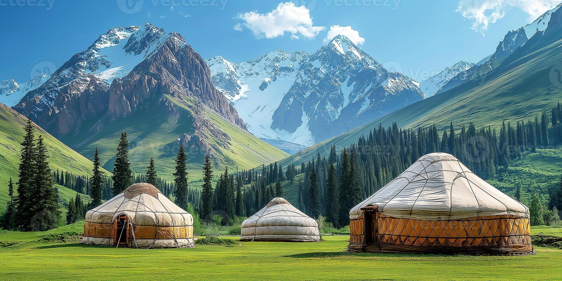 Three traditional Asian nomadic yurt on field in highlands against the backdrop of mountains photo