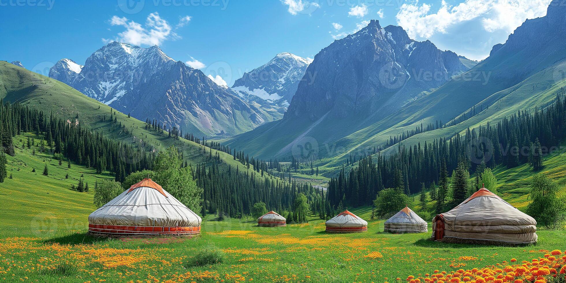 nomadic traditional village with yurts in a meadow in mountains in spring photo