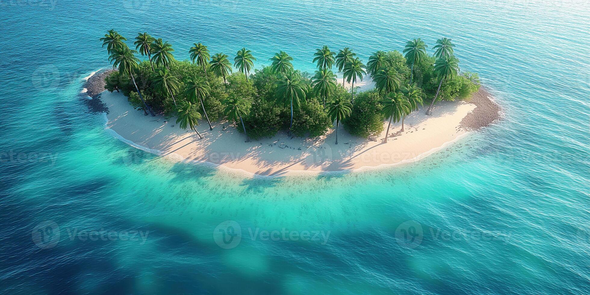 tropical uninhabited island with sandy beach and palm trees on coast in ocean. Top view photo