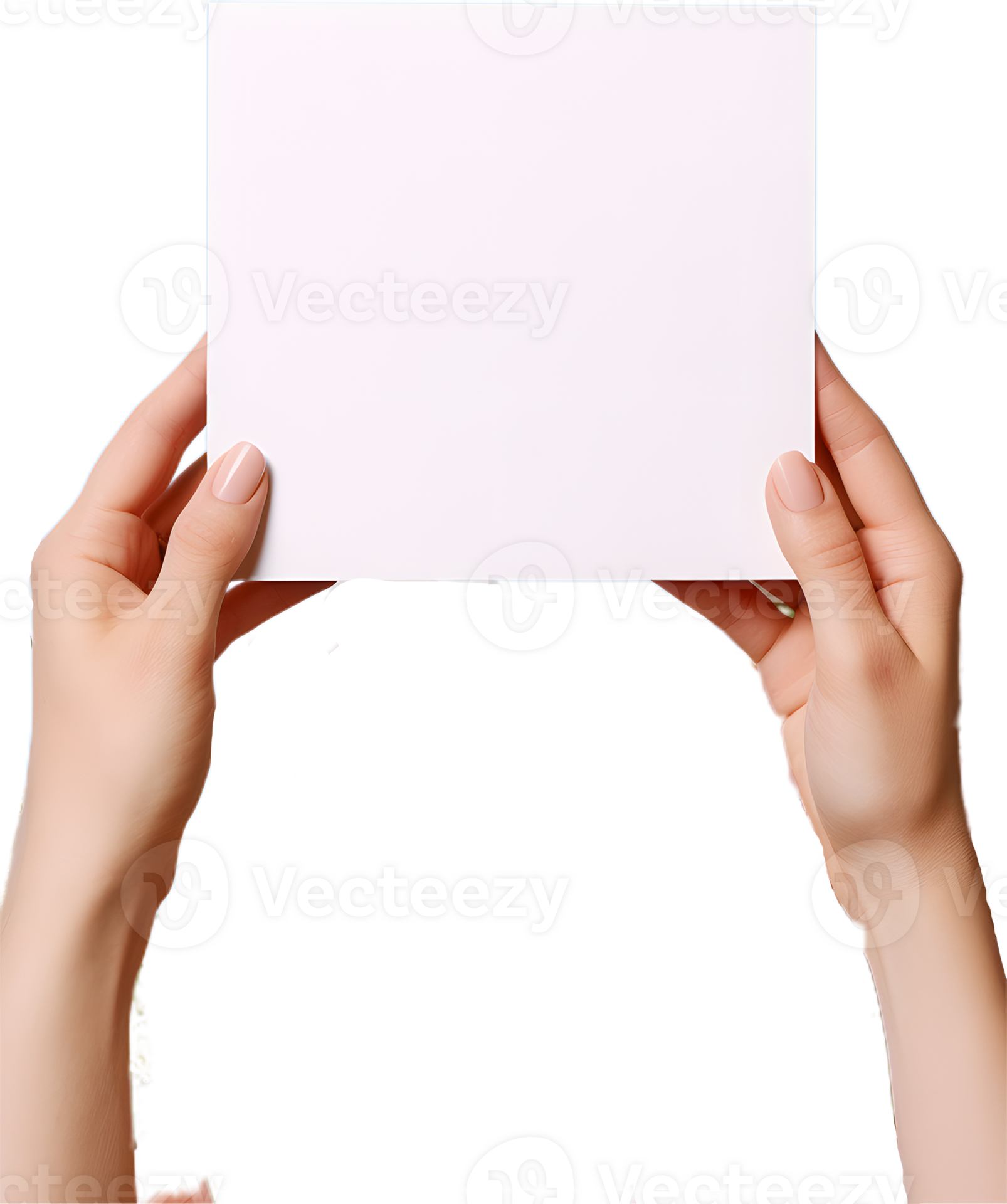 hands holding a blank sheet of paper on a transparent background