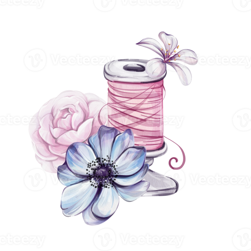 Watercolor flower and a spool of thread are on a white background. The flower is pink and blue, and the thread is pink. Concept of creativity and craftsmanship, as the thread, sewing tools png