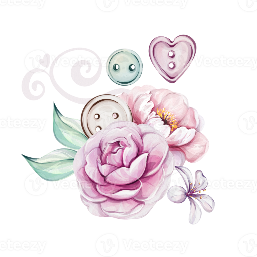 Watercolor buttons, sewing tool compositions of romantic flowers, rose and peony, vintage springtime flower for design, logo, postcard. Isolated. Elegance retro botanical illustration png