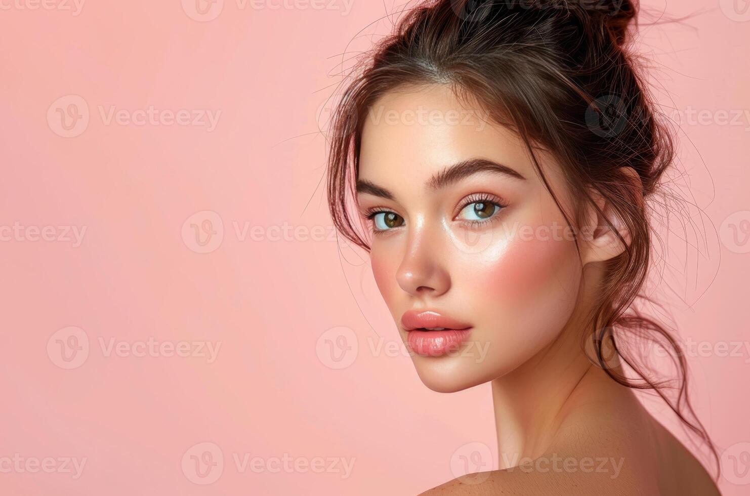 Portrait of a beautiful woman posing for cosmetics brands, sensual and confident look, copy space isolated on solid background. photo