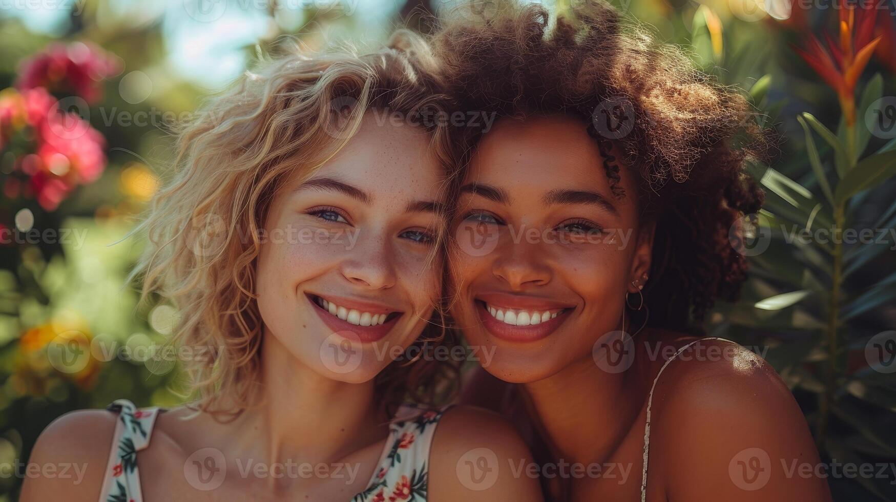 Two beautiful women sharing moment of love and attraction ideal for various concepts photo