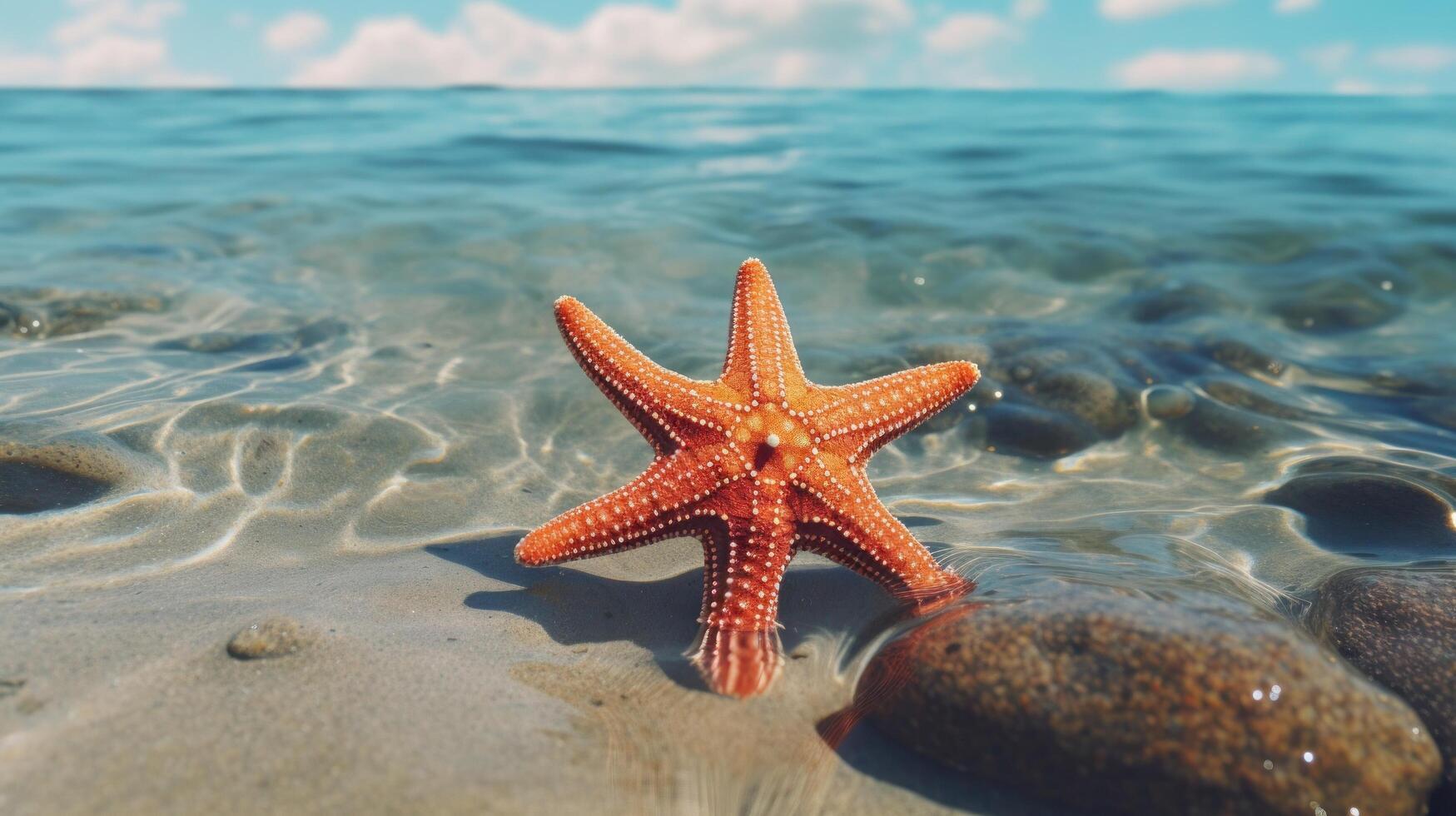 Starfish on the summer beach in sea water. Underwater ocean background, Starfish on a sandy tropical beach, Starfish on a Caribbean beach in summer make for a nice vacation photo