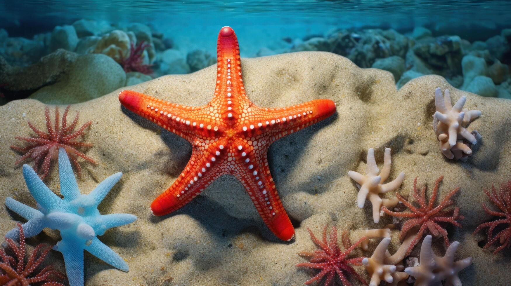 Starfish on the summer beach in sea water. Underwater ocean background, Starfish on a sandy tropical beach, Starfish on a Caribbean beach in summer make for a nice vacation photo