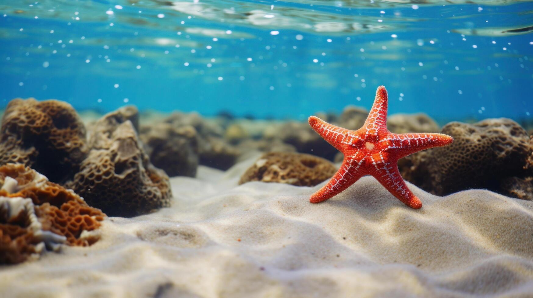 Starfish on the summer beach in sea water. Underwater ocean background, Starfish on a sandy tropical beach, Starfish on a Caribbean beach in summer make for a nice vacation photo