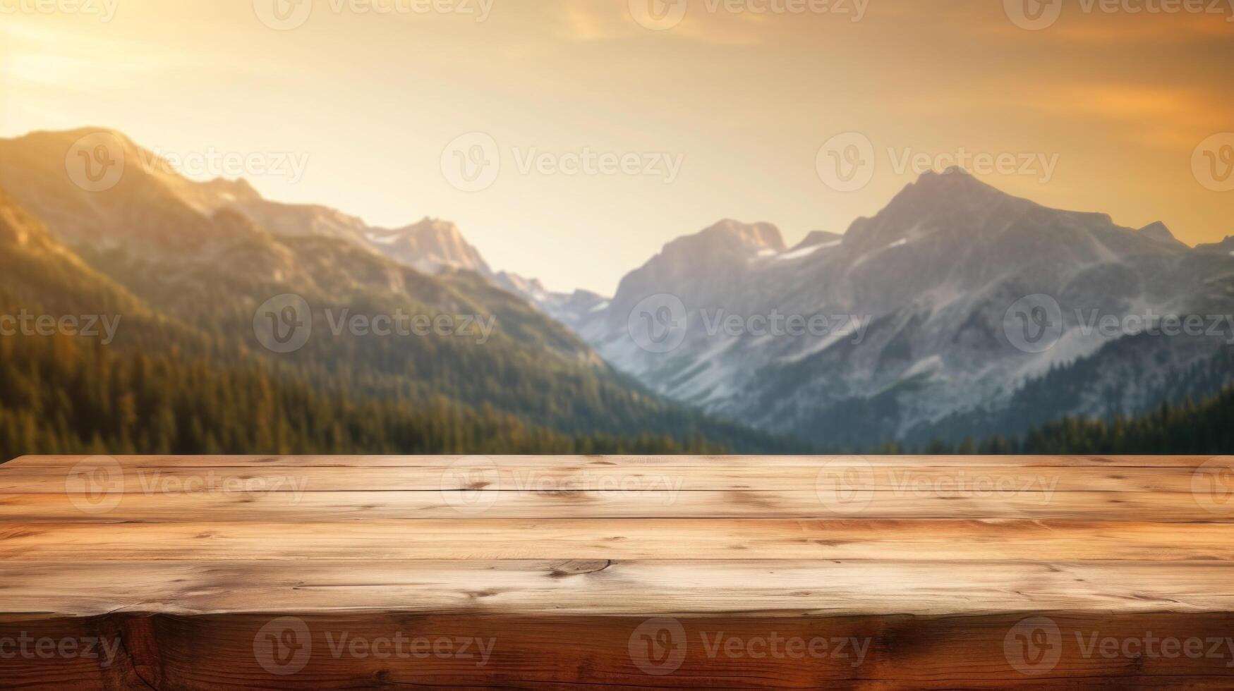 A wooden table surface with a moutain and blurred backdrop,Empty wooden table background, product display montage,Background with empty bokeh wooden table.For designers and advertising banner photo