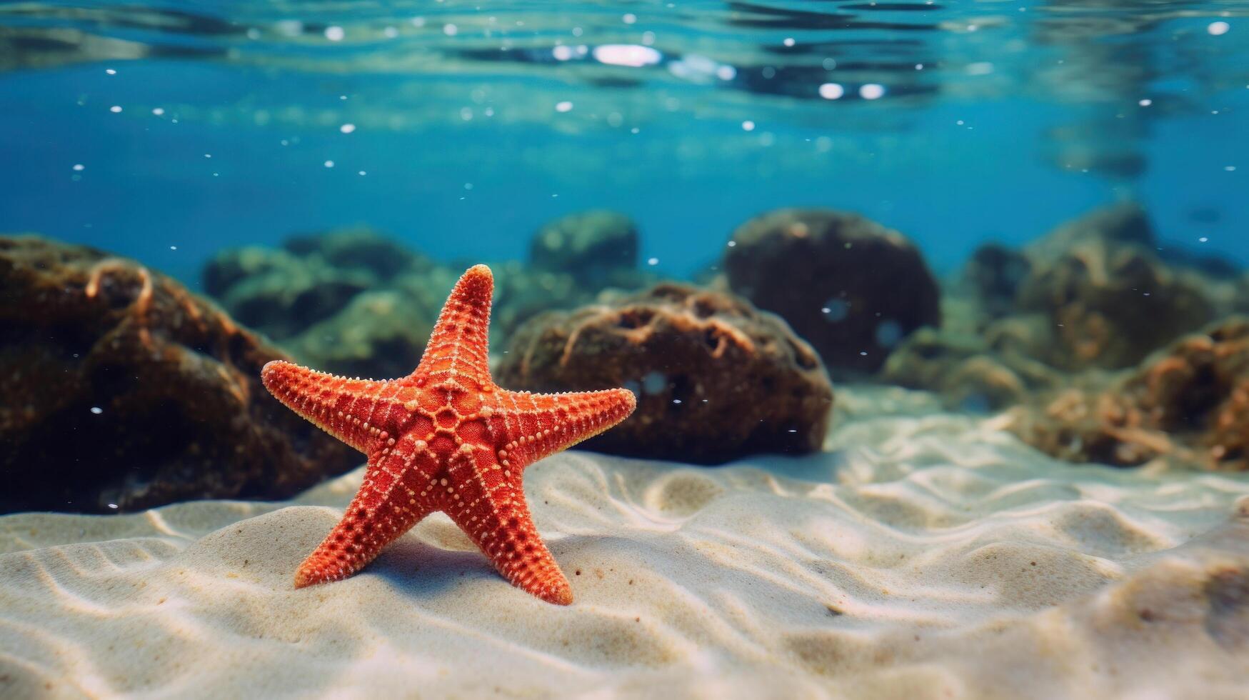 Starfish on the summer beach in sea water. Underwater ocean background, Starfish on a sandy tropical beach, Starfish on a Caribbean beach in summer make for a nice vacation photo