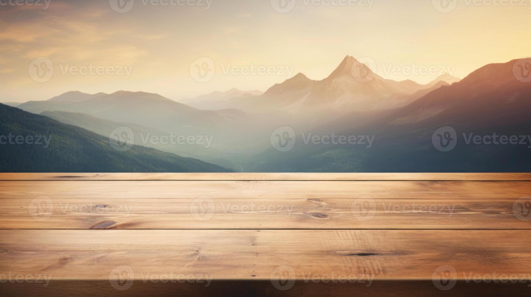 A wooden table surface with a moutain and blurred backdrop,Empty wooden table background, product display montage,Background with empty bokeh wooden table.For designers and advertising banner photo