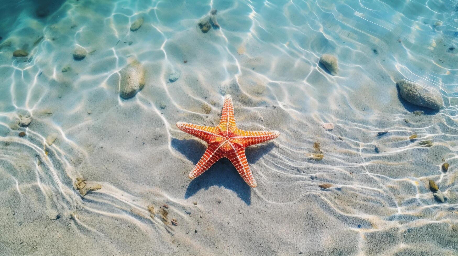 Starfish on the summer beach in sea water. Underwater ocean background, Starfish on a sandy tropical beach, Starfish on a Caribbean beach in summer make for a nice vacation photo