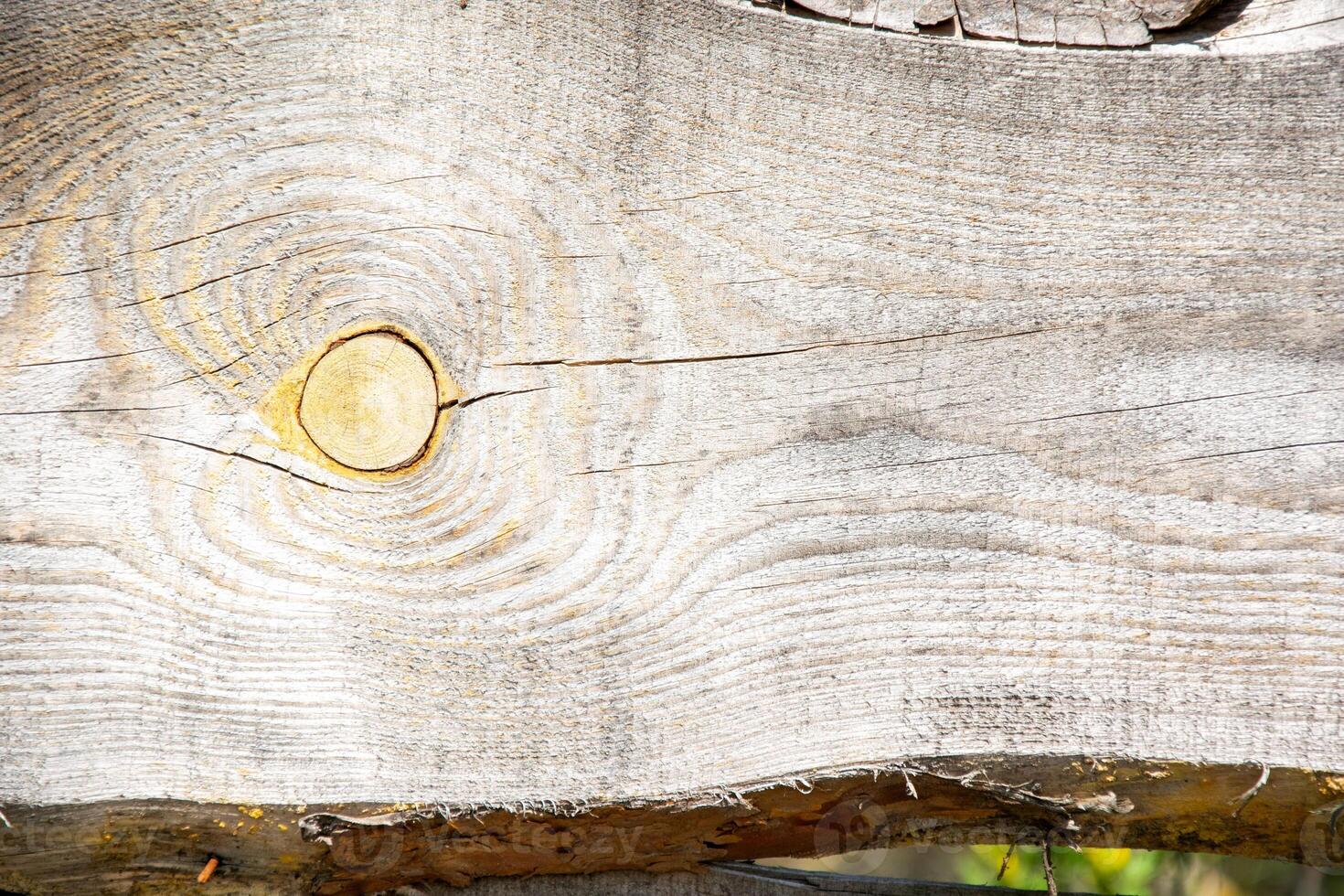 A close-up of a weathered wooden plank, featuring a prominent knot and distinct wood grain patterns photo