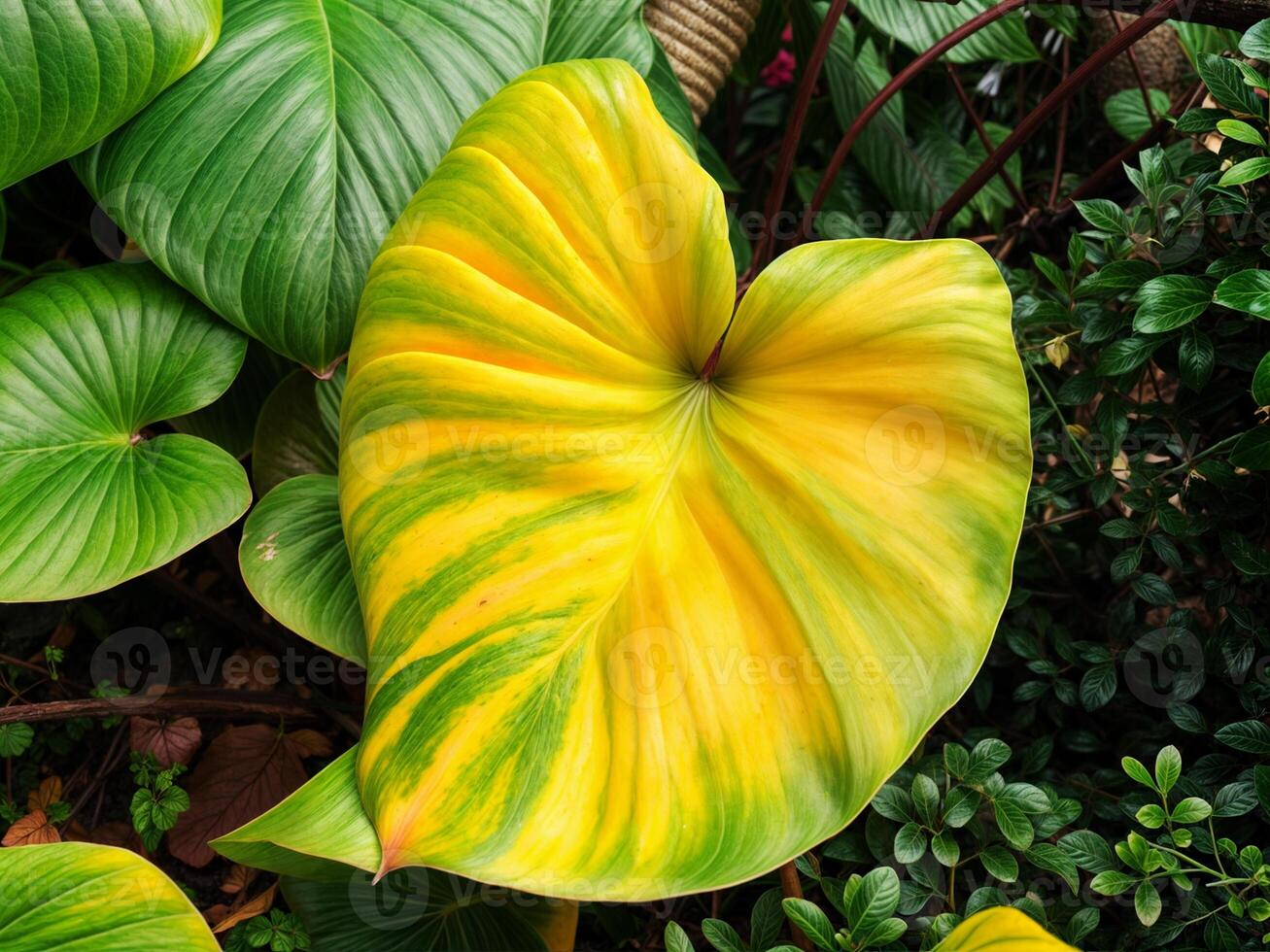 a close up of a bunch of green leaves with a yellow leaf on top photo