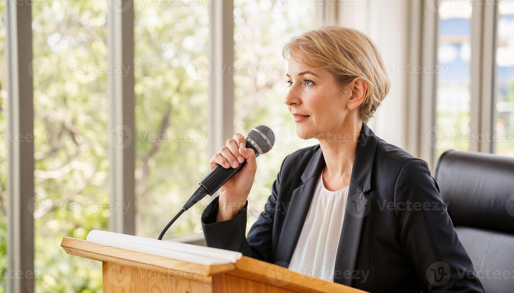 Female judge holding microphone on podium during hearing photo