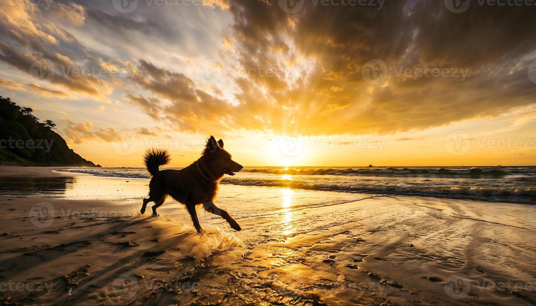 Silhouette of dog running on the beach with sunset in orange sky photo