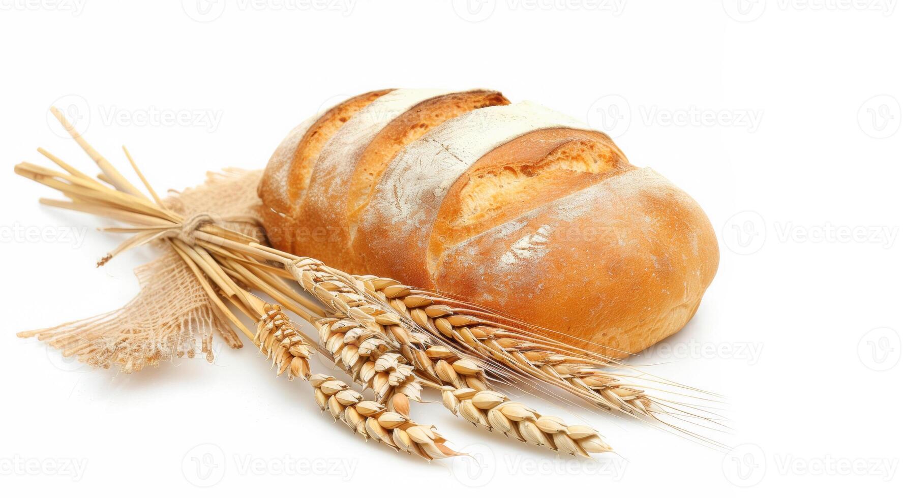 Baking concept, bread concept. A loaf of white bread with ears of wheat on a white background. photo