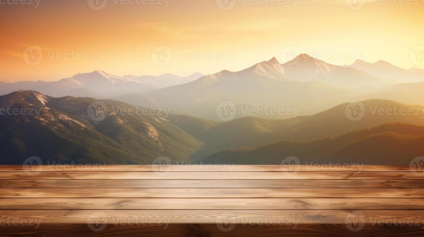 A wooden table surface with a moutain and blurred backdrop,Empty wooden table background, product display montage,Background with empty bokeh wooden table.For designers and advertising banner photo
