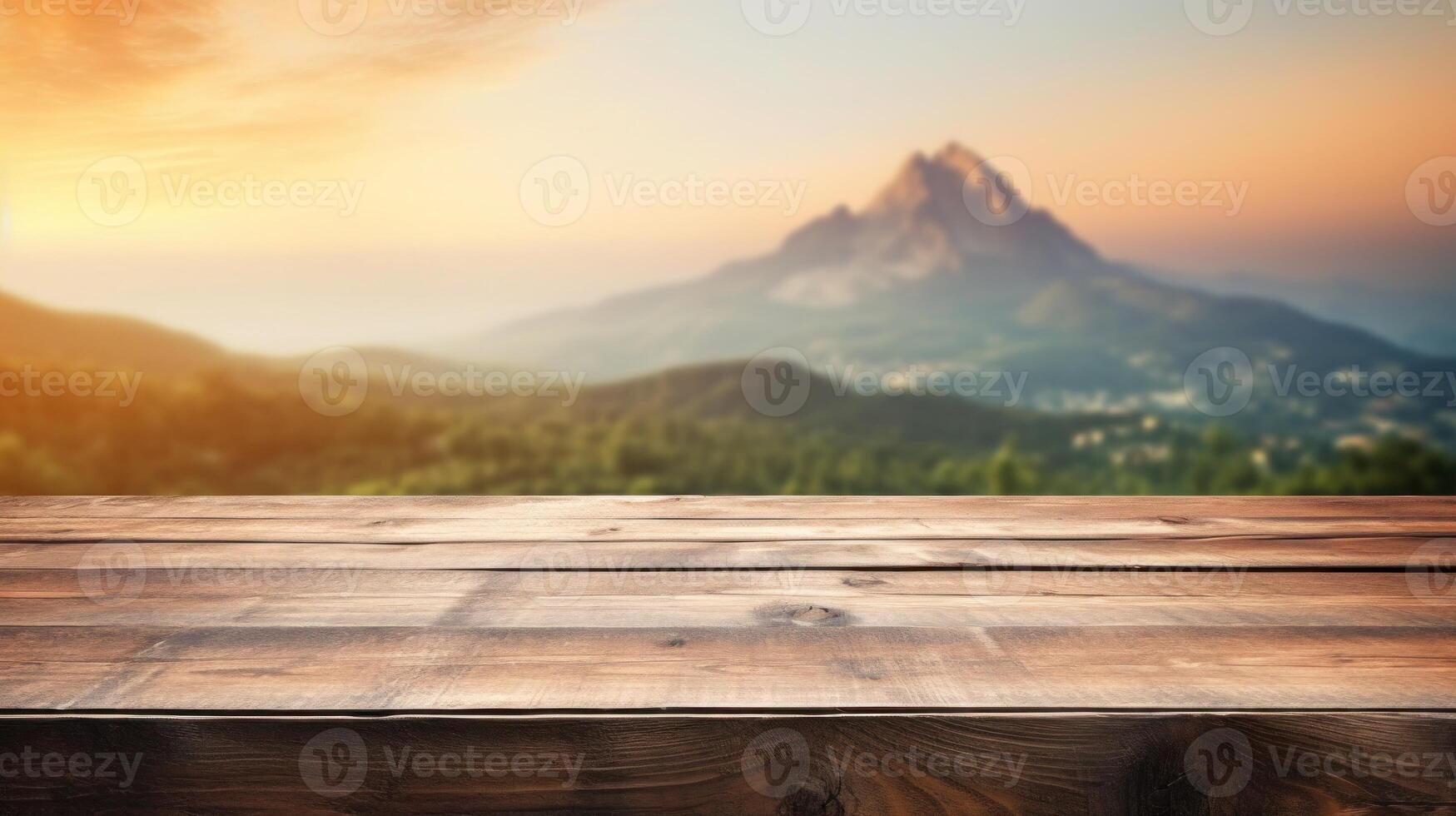 A wooden table surface with a moutain and blurred backdrop,Empty wooden table background, product display montage,Background with empty bokeh wooden table.For designers and advertising banner photo