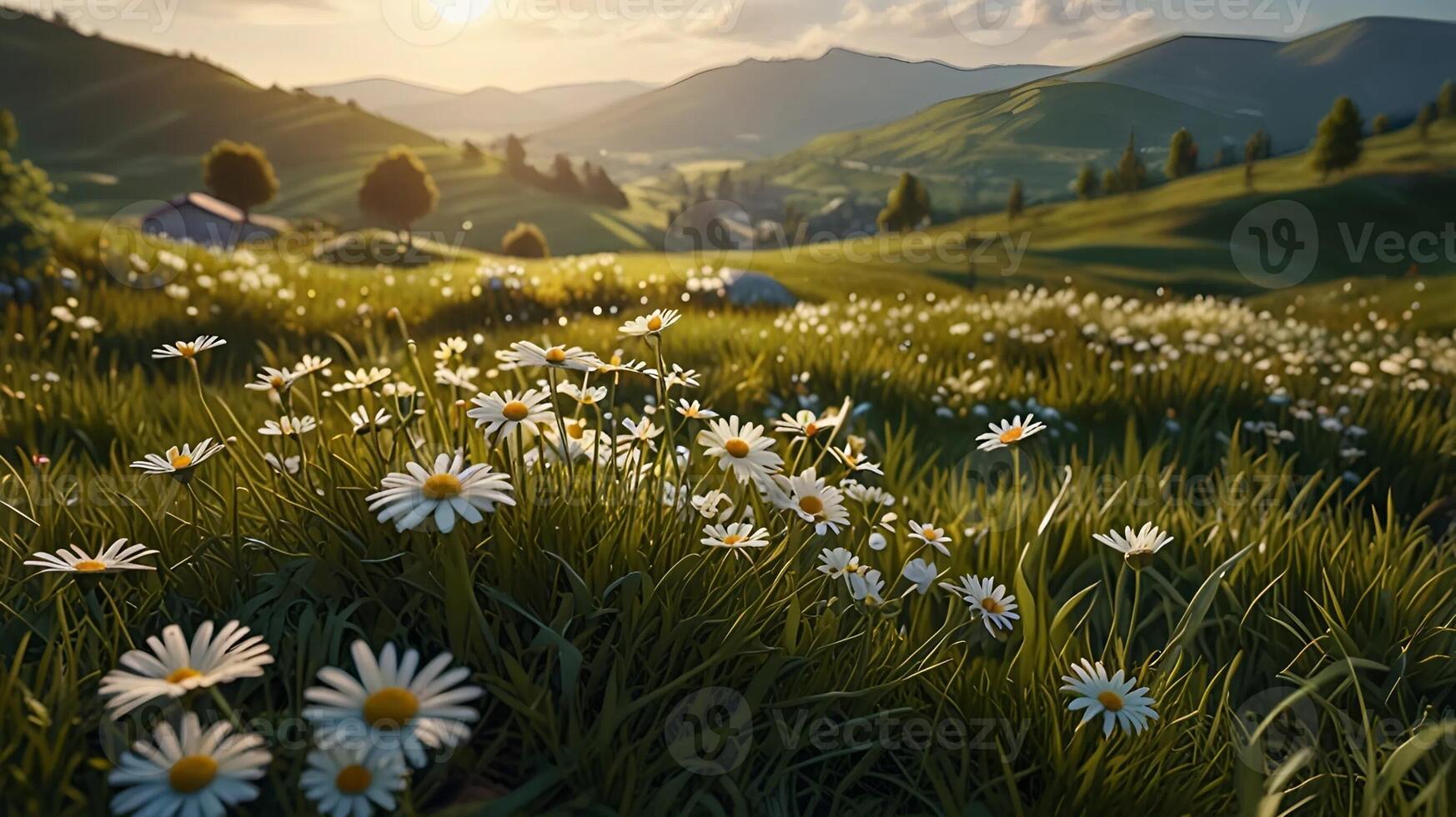 Beautiful spring and summer natural panoramic pastoral landscape with blooming field of daisies in the grass in the hilly countryside. photo