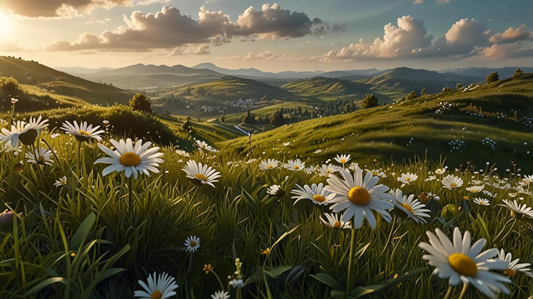 Beautiful spring and summer natural panoramic pastoral landscape with blooming field of daisies in the grass in the hilly countryside. photo