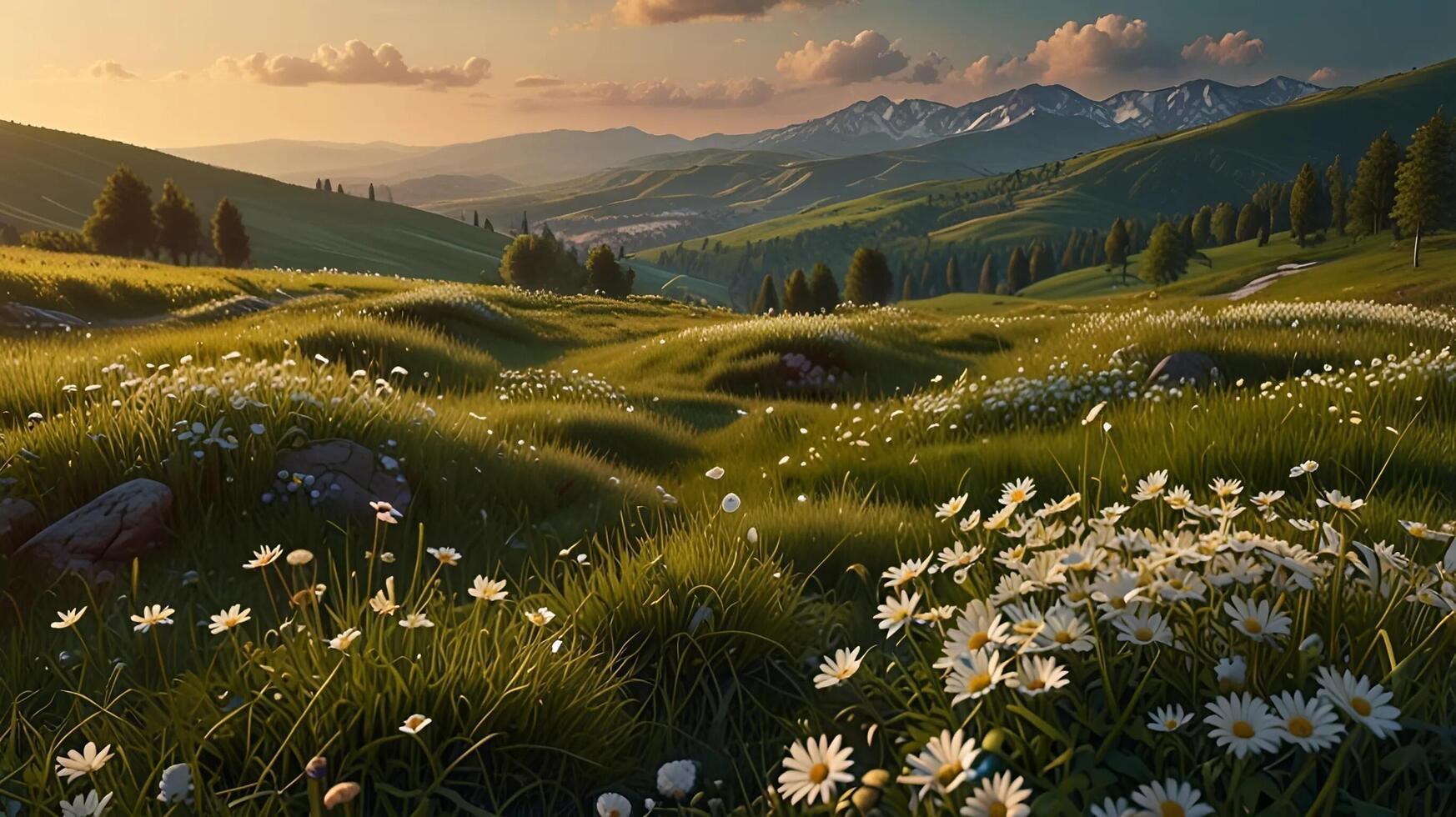 Beautiful spring and summer natural panoramic pastoral landscape with blooming field of daisies in the grass in the hilly countryside. photo