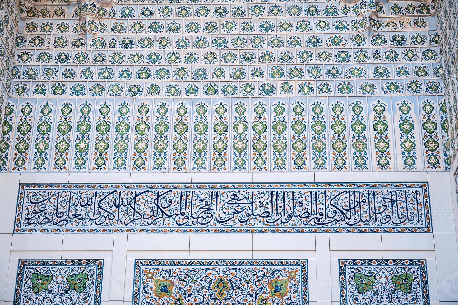 Uzbek ceramic tile decor with oriental Arabic patterns and ornaments on portal of Minor Mosque in Tashkent in Uzbekistan photo