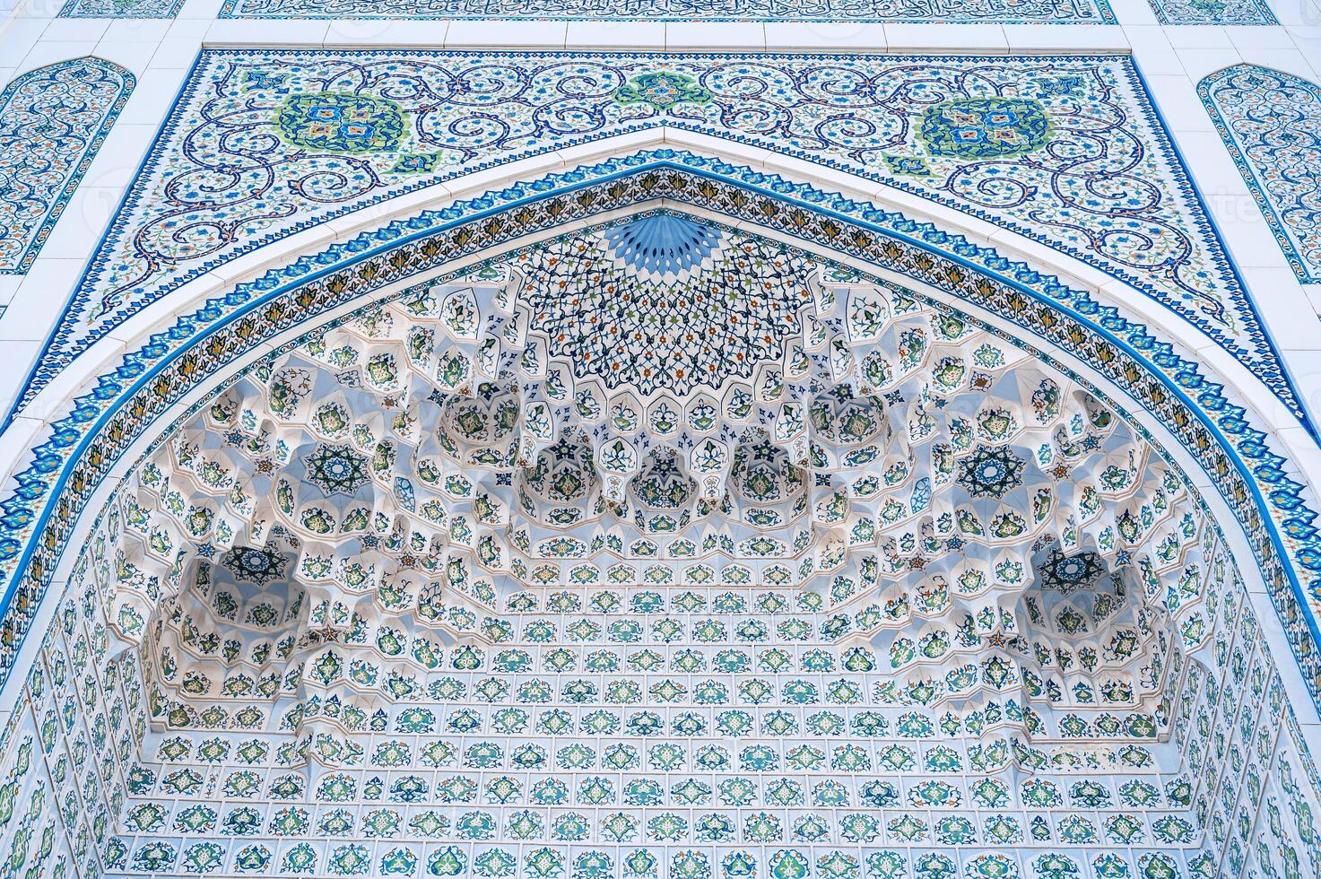 traditional Uzbek ceramic tile decor with oriental Arabic patterns and ornaments on portal of Minor Mosque in Tashkent in Uzbekistan photo