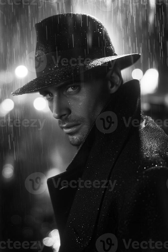 Portrait of a man spy in a hat and coat in street at night in rain. Black and white retro style photo