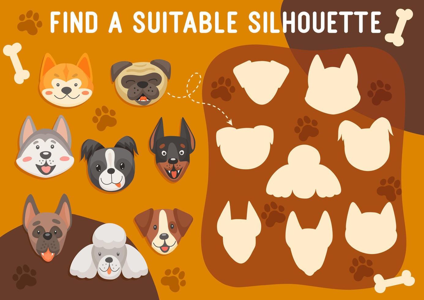 Kid game find a suitable silhouette of dog, riddle vector