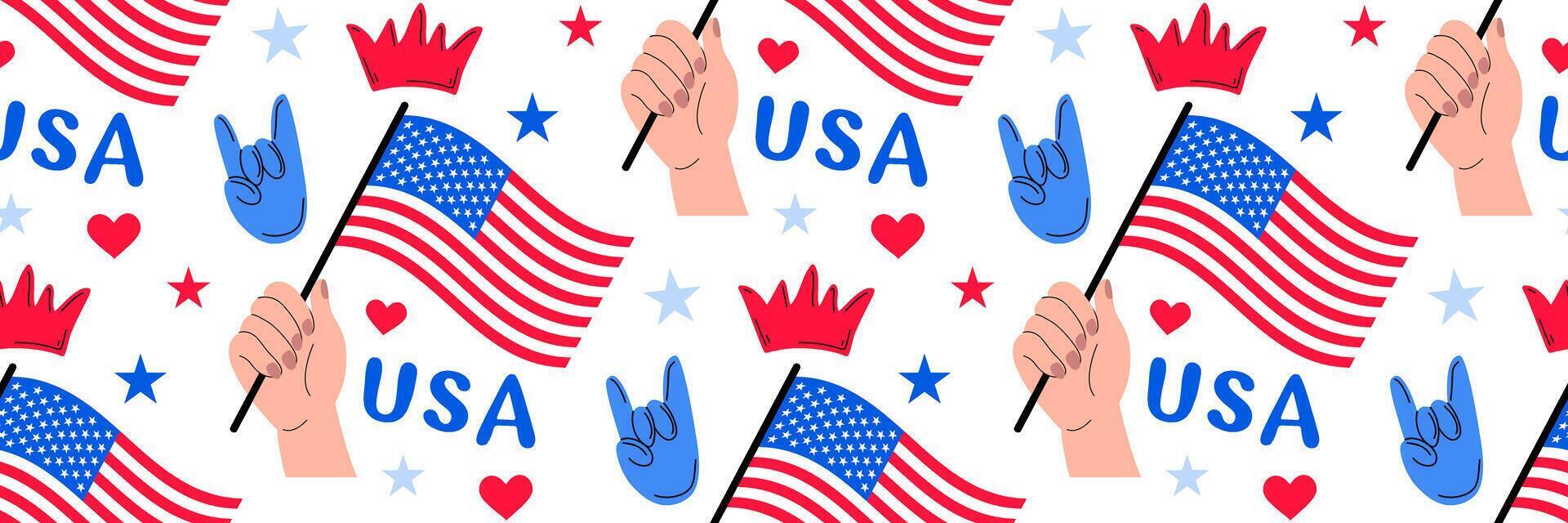 American flag in hand seamless pattern. USA Independence Day greeting Background. Symbol of American patriotism. Suitable for textile design, packaging, wallpaper, scrapbooking. illustration. vector