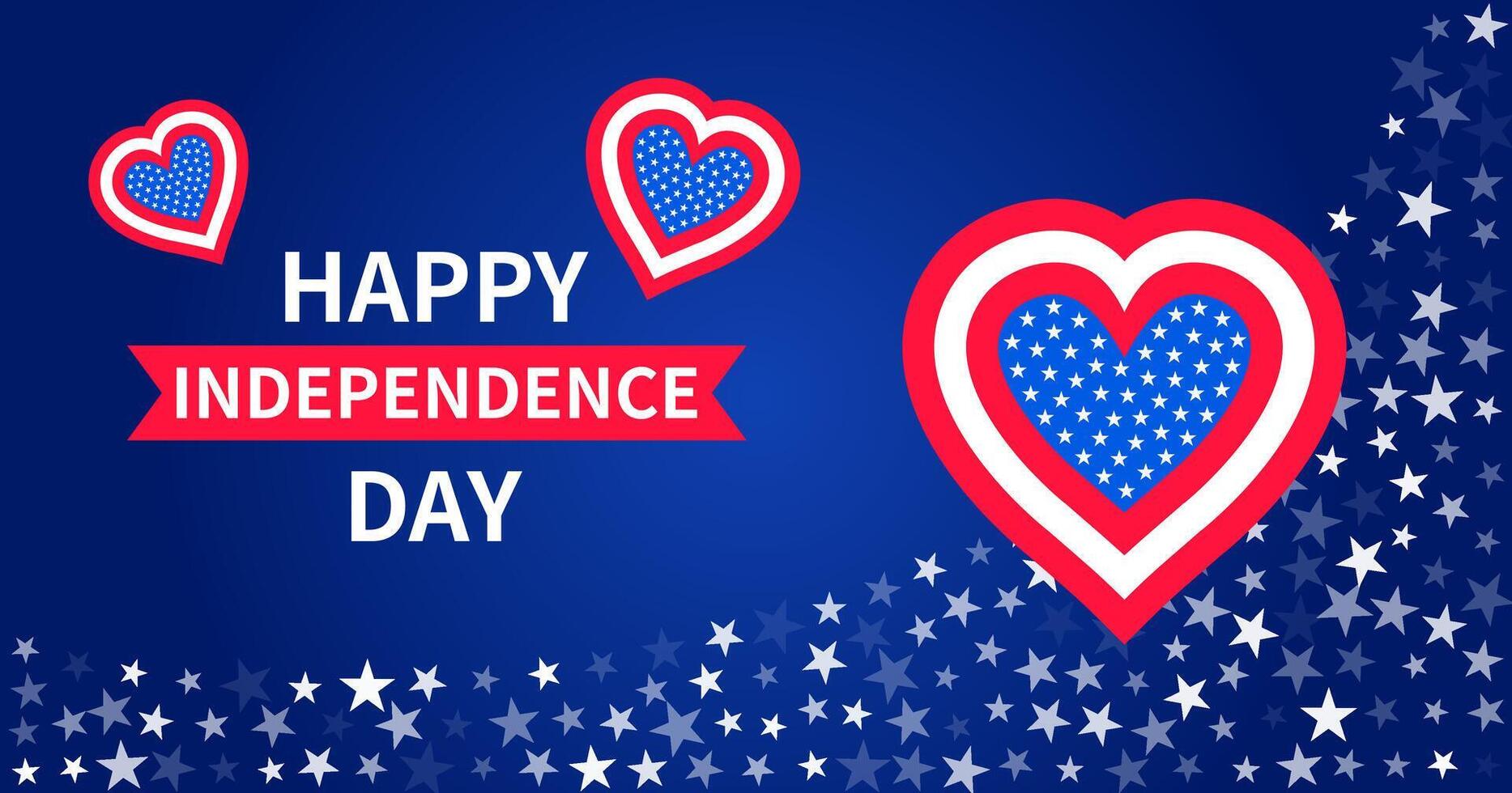 USA Independence Day banner. For 4th July greeting Background. Decorative elements with symbols of USA. Heart and scattering of stars is symbol of American patriotism. flat illustration. vector