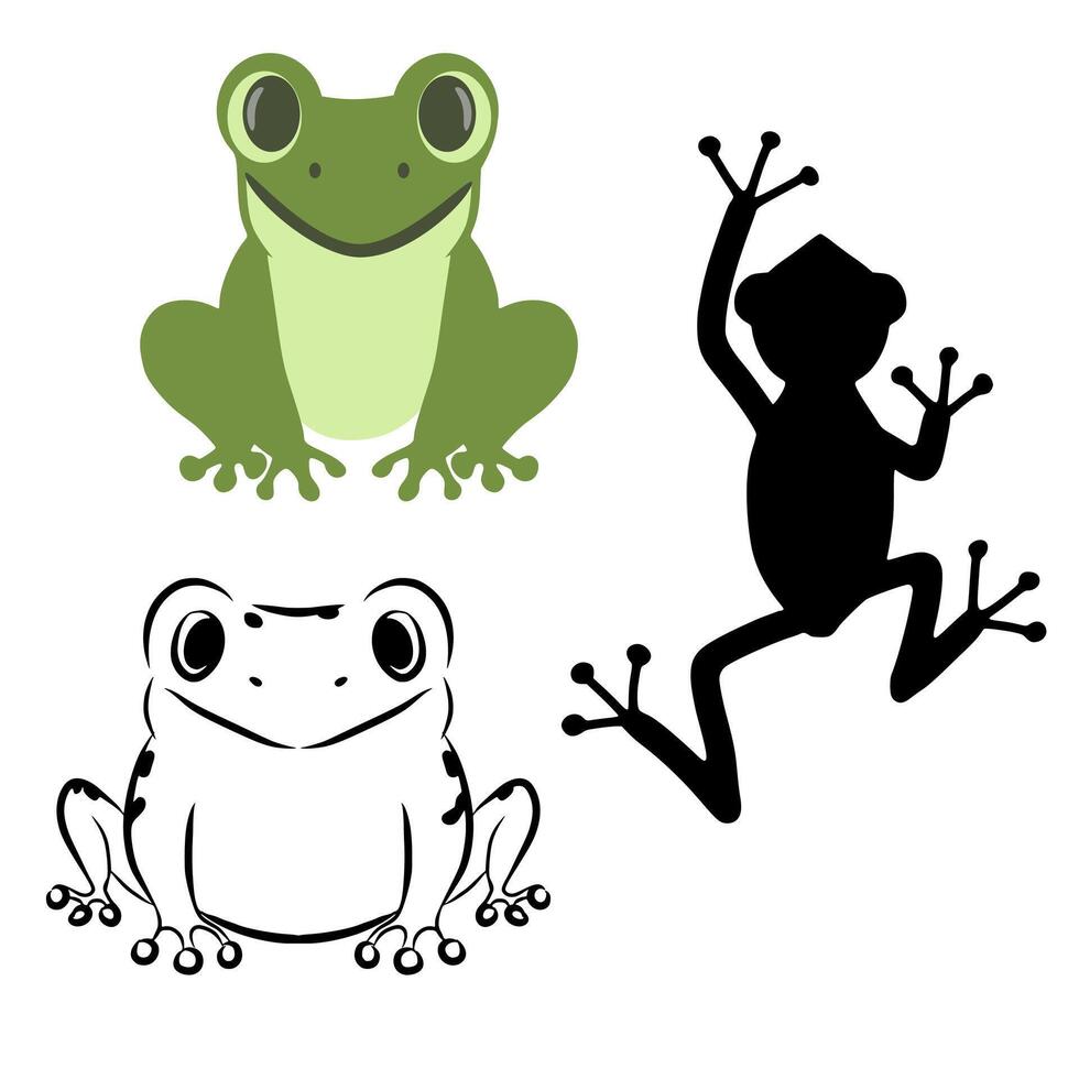 Set of frog cartoon, frog silhouette, and frog doodles vector