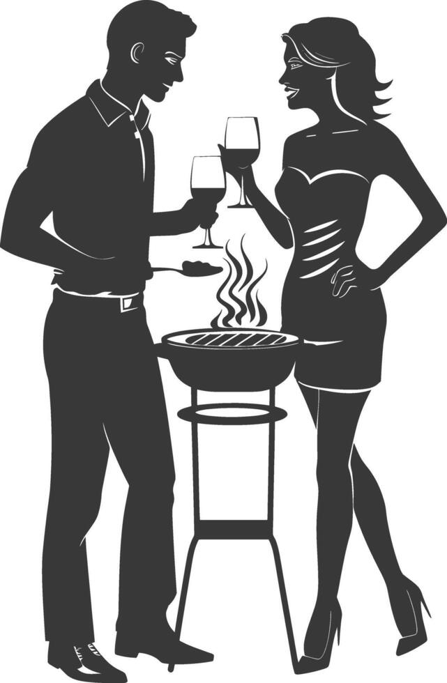 silhouette man and woman in party with barbeque grill black color only vector