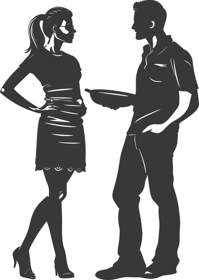 silhouette man and woman in party with barbeque grill black color only vector