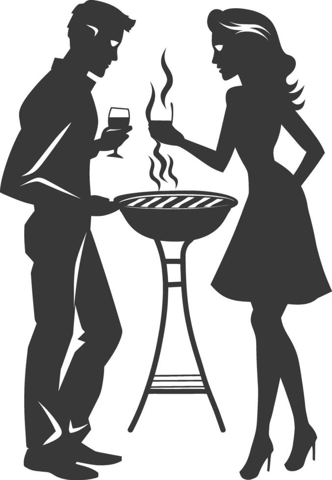 silhouette man and woman in party with barbeque grill black color only vector