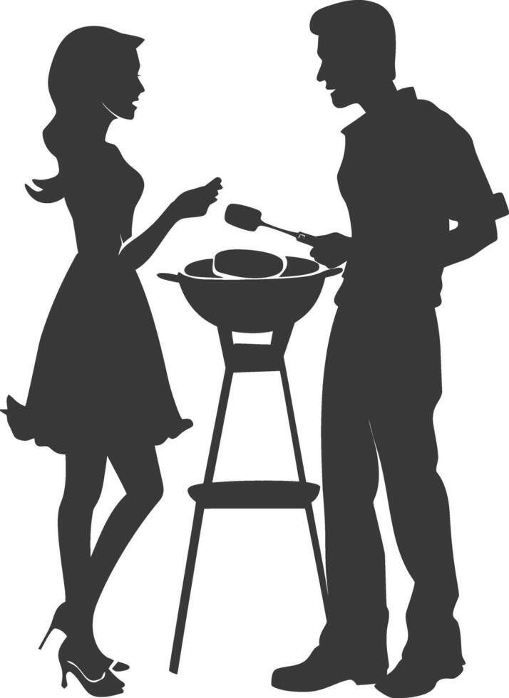silhouette man and woman in party with barbeque grill black color only vector
